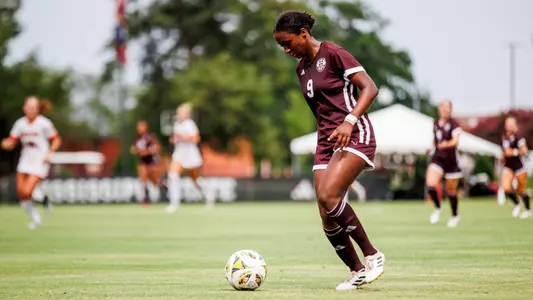 STARKVILLE, MS - August 02, 2025 - Mississippi State Midfielder Adia Symmonds (#9) during the match between the Mercer Bears and the Mississippi State Bulldogs at the MSU Soccer Field in Starkville, MS. Photo By Mike Mattina