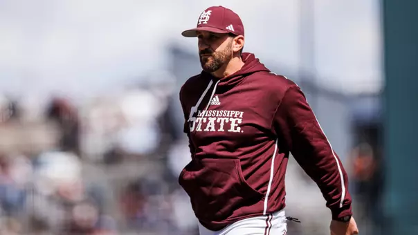 STARKVILLE, MS - March 16, 2025 - Mississippi State Assistant Coach Justin Parker during the game between the Texas Longhorns and the Mississippi State Bulldogs at Dudy Noble Field at Polk-Dement Stadium in Starkville, MS. Photo By Mike Mattina