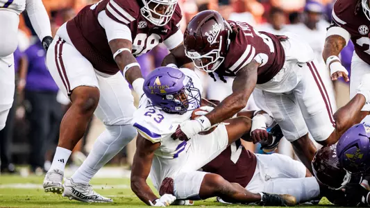 STARKVILLE, MS - September 13, 2025 - Mississippi State Linebacker Nic Mitchell (#40) and Mississippi State Defensive Lineman Ashun Shepphard (#98) during the game between the Alcorn State Braves and the Mississippi State Bulldogs at Davis Wade Stadium at Scott Field in Starkville, MS. Photo By Mike Mattina