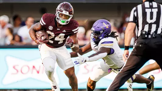 STARKVILLE, MS - September 13, 2025 - Mississippi State Running Back Fluff Bothwell (#24) during the game between the Alcorn State Braves and the Mississippi State Bulldogs at Davis Wade Stadium at Scott Field in Starkville, MS. Photo By Mike Mattina