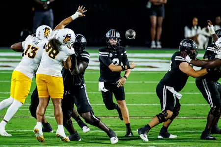 STARKVILLE, MS - September 06, 2025 - Mississippi State Quarterback Blake Shapen (#2) during the game between the Arizona State Sun Devils and the Mississippi State Bulldogs at Davis Wade Stadium at Scott Field in Starkville, MS. Photo By Mike Mattina