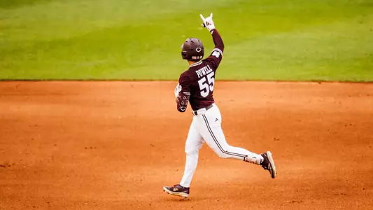 TALLAHASSEE, FL - June 01, 2025 - Mississippi State Catcher Joe Powell (#55) during the game between the Florida State Seminoles and the Mississippi State Bulldogs at Mike Martin Field at Dick Howser Stadium in Tallahassee, FL. Photo By Mike Mattina