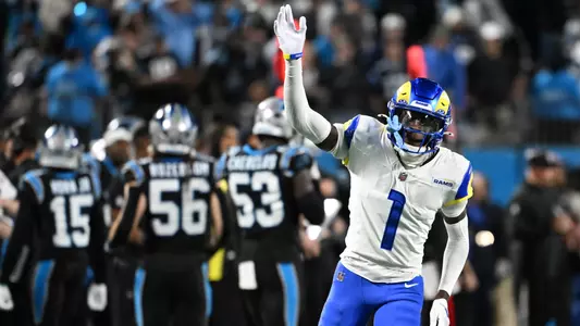 Jan 10, 2026; Charlotte, NC, USA; Los Angeles Rams cornerback Emmanuel Forbes Jr. (1) reacts after the game against the Carolina Panthers in the NFC Wild Card Round game at Bank of America Stadium. Mandatory Credit: Bob Donnan-Imagn Images