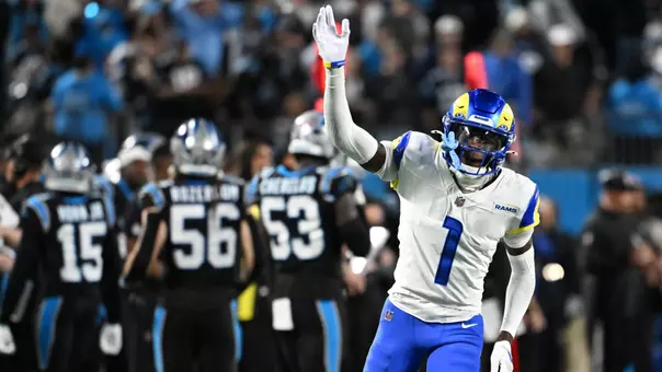 Jan 10, 2026; Charlotte, NC, USA; Los Angeles Rams cornerback Emmanuel Forbes Jr. (1) reacts after the game against the Carolina Panthers in the NFC Wild Card Round game at Bank of America Stadium. Mandatory Credit: Bob Donnan-Imagn Images