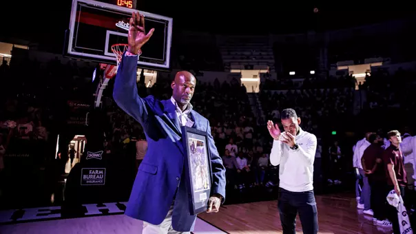 STARKVILLE, MS - January 17, 2026 - Erick Dampier and Mississippi State Director of Athletics Zac Selmon during the game between the Ole Miss Rebels and the Mississippi State Bulldogs at Humphrey Coliseum in Starkville, MS. Photo By Mike Mattina