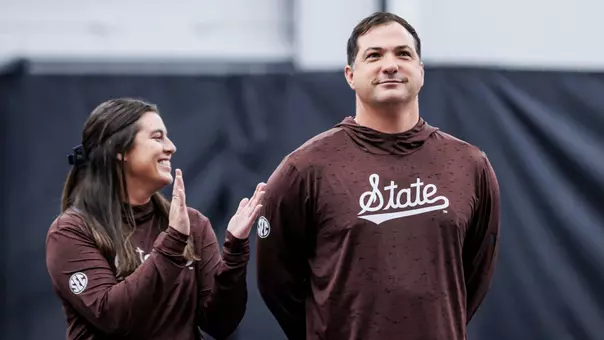 STARKVILLE, MS - January 31, 2025 - Mississippi State Assistant Coach Taylor Russo and Mississippi State Head Coach Chris Hooshyar during the match between the Tulane Green Wave and the Mississippi State Bulldogs at the Rula Tennis Pavilion in Starkville, MS. Photo By Mike Mattina