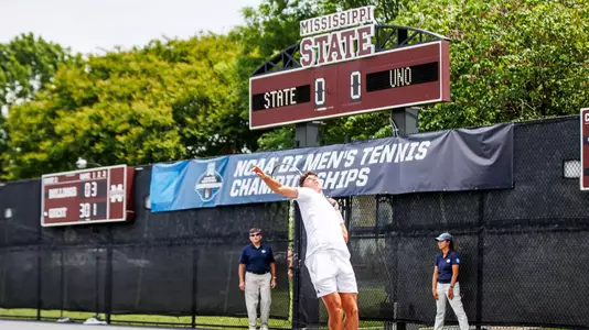 STARKVILLE, MS - May 02, 2025 - Mississippi State's Benito Sanchez Martinez during the match between the New Orleans Pirvateers and the Mississippi State Bulldogs at the AJ Pitts Tennis Centre in Starkville, MS. Photo By Mike Mattina