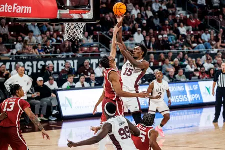 STARKVILLE, MS - January 07, 2026 - Mississippi State Center Quincy Ballard (#15) during the game between the Oklahoma Sooners and the Mississippi State Bulldogs at Humphrey Coliseum in Starkville, MS. Photo By Mike Mattina