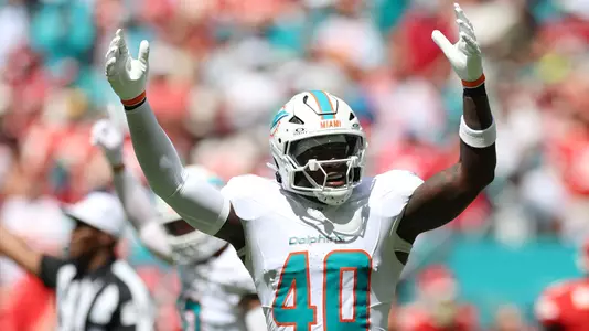 Sep 27, 2026; Miami Gardens, Florida, USA; Miami Dolphins linebacker Willie Gay Jr. (40) reacts after a stop on fourth down against the Kansas City Chiefs at Hard Rock Stadium. Mandatory Credit: Nathan Ray Seebeck-Imagn Images