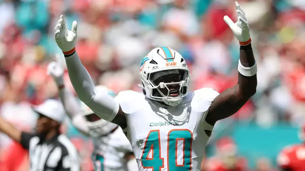 Sep 27, 2026; Miami Gardens, Florida, USA; Miami Dolphins linebacker Willie Gay Jr. (40) reacts after a stop on fourth down against the Kansas City Chiefs at Hard Rock Stadium. Mandatory Credit: Nathan Ray Seebeck-Imagn Images