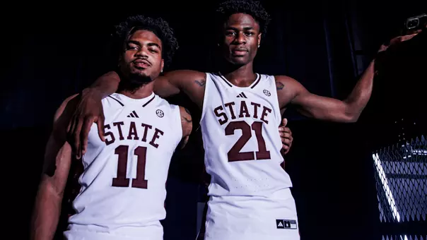 BIRMINGHAM, AL - October 14, 2026 - Mississippi State Guard RJ Johnson (#11) and Mississippi State Forward Thomas Bassong (#21) during 2026-2027 SEC Media Day at The Grand Bohemian Hotel in Birmingham, AL. Photo By Mike Mattina