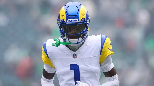 Oct 4, 2026; Philadelphia, Pennsylvania, USA; Los Angeles Rams cornerback Emmanuel Forbes Jr. (1) before action against the Philadelphia Eagles at Lincoln Financial Field. Mandatory Credit: Bill Streicher-Imagn Images