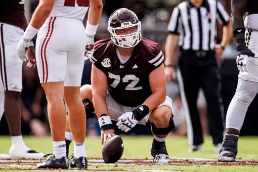 STARKVILLE, MS - October 03, 2026 - Mississippi State Offensive Lineman Canon Boone (#72) during the game between the Alabama Crimson Tide and the Mississippi State Bulldogs at Davis Wade Stadium at Scott Field in Starkville, MS. Photo By Mike Mattina