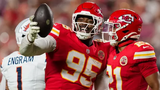 Sep 14, 2026; Kansas City, Missouri, USA; Kansas City Chiefs defensive tackle Chris Jones (95) celebrates with teammates after recovering a fumble during the second half against the Denver Broncos at Arrowhead Stadium. Mandatory Credit: Jay Biggerstaff-Imagn Images