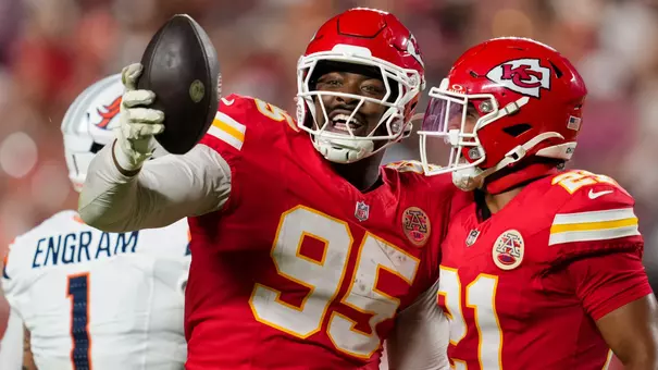 Sep 14, 2026; Kansas City, Missouri, USA; Kansas City Chiefs defensive tackle Chris Jones (95) celebrates with teammates after recovering a fumble during the second half against the Denver Broncos at Arrowhead Stadium. Mandatory Credit: Jay Biggerstaff-Imagn Images