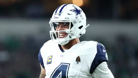 Oct 26, 2026; Philadelphia, Pennsylvania, USA; Dallas Cowboys quarterback Dak Prescott (4) celebrates a touchdown during the first quarter against the Philadelphia Eagles at Lincoln Financial Field. Mandatory Credit: Bill Streicher-Imagn Images
