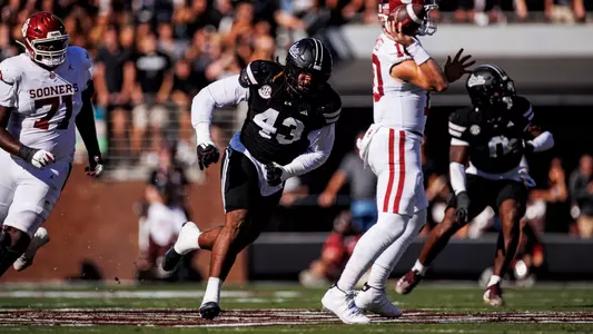 STARKVILLE, MS - October 24, 2026 - Mississippi State Defensive Lineman Will Whitson (#43) during the game between the Oklahoma Sooners and the Mississippi State Bulldogs at Davis Wade Stadium at Scott Field in Starkville, MS. Photo By Mike Mattina