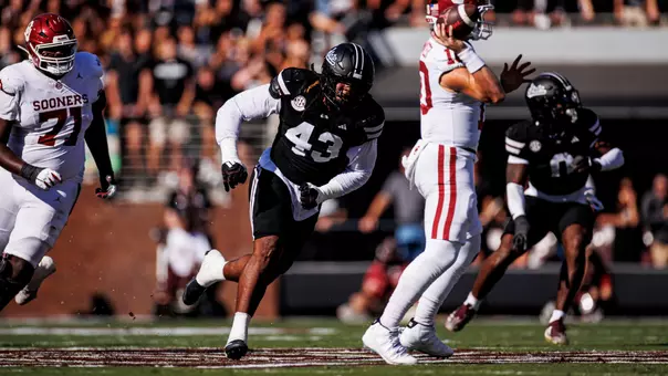 STARKVILLE, MS - October 24, 2026 - Mississippi State Defensive Lineman Will Whitson (#43) during the game between the Oklahoma Sooners and the Mississippi State Bulldogs at Davis Wade Stadium at Scott Field in Starkville, MS. Photo By Mike Mattina
