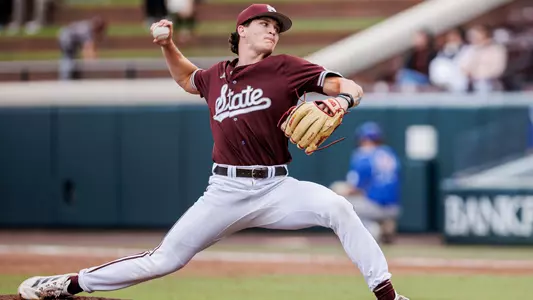 STARKVILLE, MS - November 01, 2025 - Mississippi State Pitcher Maddox Webb (#29) during the game between the Louisiana Tech Bulldogs and the Mississippi State Bulldogs at Dudy Noble Field at Polk-Dement Stadium in Starkville, MS. Photo By Will Porada
