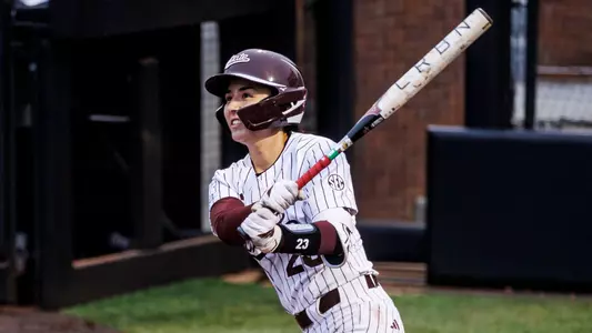 STARKVILLE, MS - February 10, 2026 - Mississippi State Catcher Des Rivera (#23) during the game between the Southern Miss Eagles and the Mississippi State Bulldogs at Nusz Park in Starkville, MS. Photo By Mike Mattina