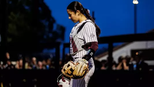 STARKVILLE, MS - February 10, 2026 - Mississippi State Catcher Des Rivera (#23) during the game between the Southern Miss Eagles and the Mississippi State Bulldogs at Nusz Park in Starkville, MS. Photo By Mike Mattina