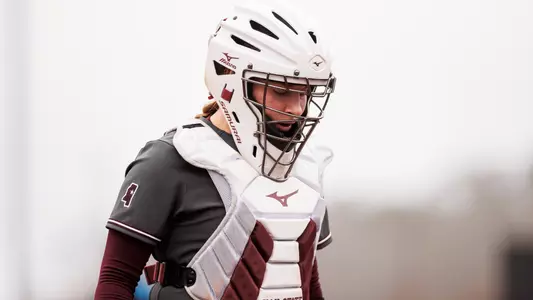 STARKVILLE, MS - February 15, 2026 - Mississippi State Catcher Anna Carder (#19) during the game between the North Texas Mean Green and the Mississippi State Bulldogs at Nusz Park in Starkville, MS. Photo By Jordan Madrid