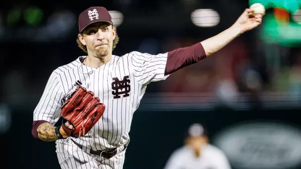 STARKVILLE, MS - February 18, 2026 - Mississippi State Pitcher Dane Burns (#45) during the game between the Alcorn State Braves and the Mississippi State Bulldogs at Dudy Noble Field at Polk-Dement Stadium in Starkville, MS. Photo By Ivy Rose Ball