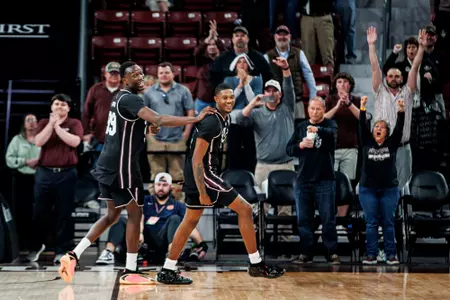 STARKVILLE, MS - February 18, 2026 - Mississippi State Guard Shawn Jones Jr. (#5) and Mississippi State Forward Achor Achor (#99) during the game between the Auburn Tigers and the Mississippi State Bulldogs at Humphrey Coliseum in Starkville, MS. Photo By Mike Mattina