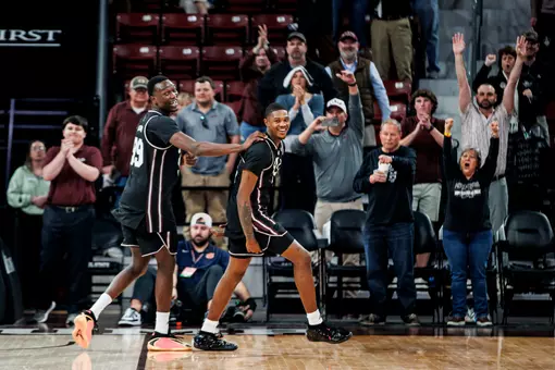 STARKVILLE, MS - February 18, 2026 - Mississippi State Guard Shawn Jones Jr. (#5) and Mississippi State Forward Achor Achor (#99) during the game between the Auburn Tigers and the Mississippi State Bulldogs at Humphrey Coliseum in Starkville, MS. Photo By Mike Mattina
