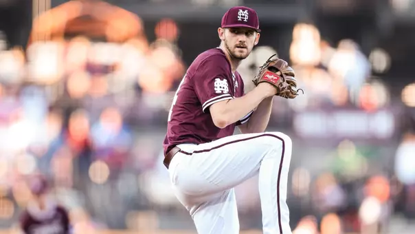 STARKVILLE, MS - April 26, 2019 - The Mississippi State Bulldogs pitcher Ethan Small (#44) during the game between the Georgia Bulldogs and the Mississippi State Bulldogs at Dudy Noble Field at Polk-Dement Stadium in Starkville, MS. Photo By Aaron Cornia