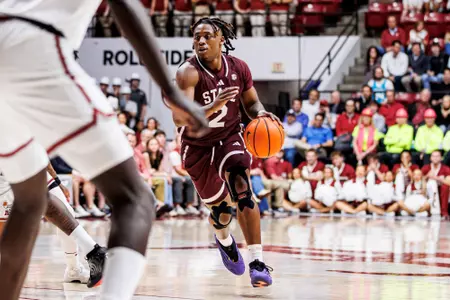 TUSCALOOSA, AL - February 25, 2026 - Mississippi State Guard Jaborri McGhee (#2) during the game between the Alabama Crimson Tide and the Mississippi State Bulldogs at Coleman Coliseum in Tuscaloosa, AL. Photo By Mike Mattina