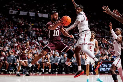 TUSCALOOSA, AL - February 25, 2026 - Mississippi Sate Guard Jayden Epps (#10) during the game between the Alabama Crimson Tide and the Mississippi State Bulldogs at Coleman Coliseum in Tuscaloosa, AL. Photo By Mike Mattina