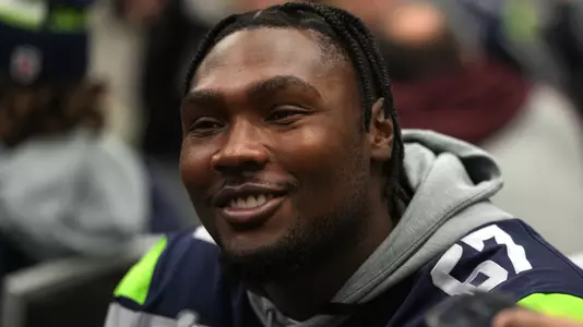 Feb 5, 2026; San Jose, CA, USA; Seattle Seahawks offensive tackle Charles Cross (67) talks to media members at the San Jose Marriott. Mandatory Credit: Darren Yamashita-Imagn Images