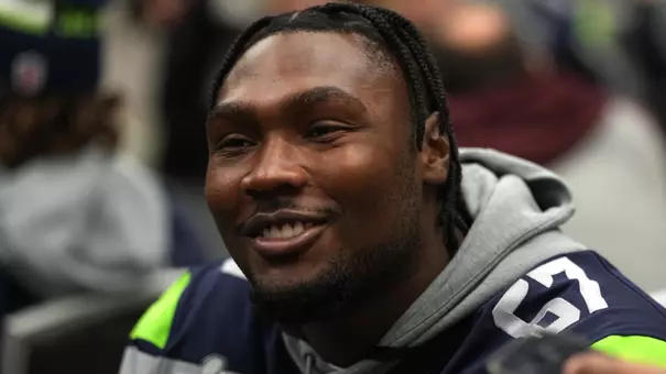 Feb 5, 2026; San Jose, CA, USA; Seattle Seahawks offensive tackle Charles Cross (67) talks to media members at the San Jose Marriott. Mandatory Credit: Darren Yamashita-Imagn Images