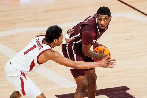 STARKVILLE, MS - February 07, 2026 - Mississippi State Guard Shawn Jones Jr. (#5) during the game between the Arkansas Razorbacks and the Mississippi State Bulldogs at Humphrey Coliseum in Starkville, MS. Photo By Mike Mattina