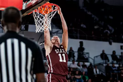 STARKVILLE, MS - February 07, 2026 - Mississippi State Forward Sergej Macura (#11) during the game between the Arkansas Razorbacks and the Mississippi State Bulldogs at Humphrey Coliseum in Starkville, MS. Photo By Mike Mattina