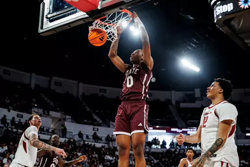 STARKVILLE, MS - February 07, 2026 - Mississippi State Guard Jamar Davis-Fleming (#0) during the game between the Arkansas Razorbacks and the Mississippi State Bulldogs at Humphrey Coliseum in Starkville, MS. Photo By Mike Mattina