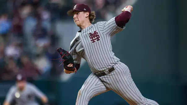 ARLINGTON, TX - February 28, 2026 - Mississippi State Pitcher Tomas Valincius (#4) during the game between the Virginia Tech Hokies and the Mississippi State Bulldogs at Globe Life Field in Arlington, TX. Photo By Mario Terrana