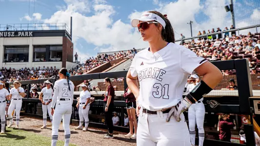 STARKVILLE, MS - March 15, 2026 - Mississippi State Utility Player Sydney Carroll (#31) during the game between the Tennessee Volunteers and the Mississippi State Bulldogs at Nusz Park in Starkville, MS. Photo By Mike Mattina