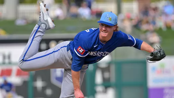 Feb 20, 2026; Surprise, Arizona, USA; Kansas City Royals pitcher Eric Cerantola (61) delivers to the plate in the fifth inning against the Texas Rangers at Surprise Stadium. Mandatory Credit: Jayne Kamin-Oncea-Imagn Images