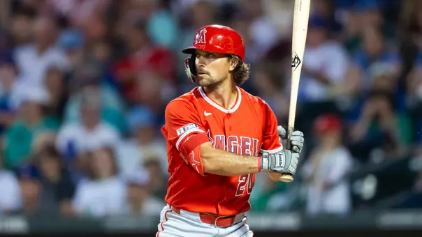 Mar 17, 2026; Mesa, Arizona, USA; Los Angeles Angels second baseman Adam Frazier against the Chicago Cubs during a spring training game at Sloan Park. Mandatory Credit: Mark J. Rebilas-Imagn Images