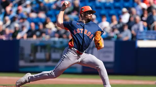 Feb 24, 2026; Port St. Lucie, Florida, USA; Houston Astros relief pitcher J.P. France delivers a pitch against the New York Mets during the second inning at Clover Park. Mandatory Credit: Sam Navarro-Imagn Images
