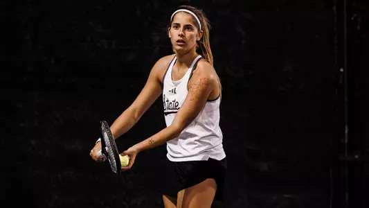 STARKVILLE, MS - February 8, 2026 - Mississippi State's Carolina Troiano during the match between the Bellarmine Knights and the Mississippi State Bulldogs at the AJ Pitts Tennis Centre in Starkville, MS. Photo By Jordan Madrid