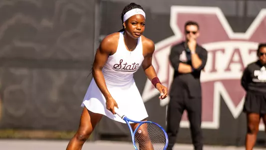STARKVILLE, MS - February 28, 2026- Mississippi State's Thessy Ntondele Zinga during the match between the University of Kentucky Wildcats and the Mississippi State Bulldogs at the Rula Tennis Pavilion in Starkville, MS. Photo By Natalie Ryals