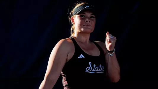 STARKVILLE, MS - March 13, 2026 - Mississippi State's Charlotte Kempenaers-Pocz during the match between the Vanderbilt Commodores and the Mississippi State Bulldogs at the AJ Pitts Tennis Centre in Starkville, MS. Photo By Mike Mattina