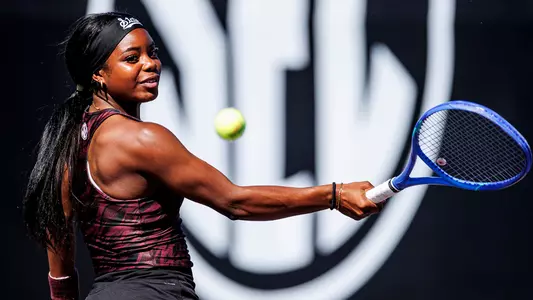 STARKVILLE, MS - March 13, 2026 - Mississippi State's Thessy Ntondele Zinga during the match between the Vanderbilt Commodores and the Mississippi State Bulldogs at the AJ Pitts Tennis Centre in Starkville, MS. Photo By Mike Mattina