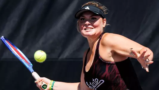 STARKVILLE, MS - March 21, 2026 - Mississippi State's Charlotte Kempenaers-Pocz during the match between the Arkansas Razorbacks and the Mississippi State Bulldogs at the AJ Pitts Tennis Centre in Starkville, MS. Photo By Will Porada