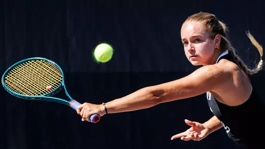 STARKVILLE, MS - April 09, 2026 - Mississippi State's Emma Cohen during the match between the South Carolina Gamecocks and the Mississippi State Bulldogs at the AJ Pitts Tennis Centre in Starkville, MS. Photo By Will Porada