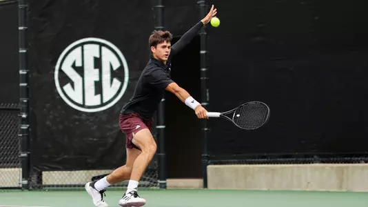 COLLEGE STATION, TX - April 18, 2026 - Mississippi State’s Niccolo Baroni during the 2026 SEC Tournament match between the LSU Tigers and the Mississippi State Bulldogs at the Mitchell Tennis Centre in College Station, TX. Photo By Mario Terrana