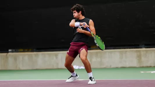 COLLEGE STATION, TX - April 18, 2026 - Mississippi State's Roberto Ferrer Guimaraes during the 2026 SEC Tournament match between the LSU Tigers and the Mississippi State Bulldogs at the Mitchell Tennis Centre in College Station, TX. Photo By Mario Terrana